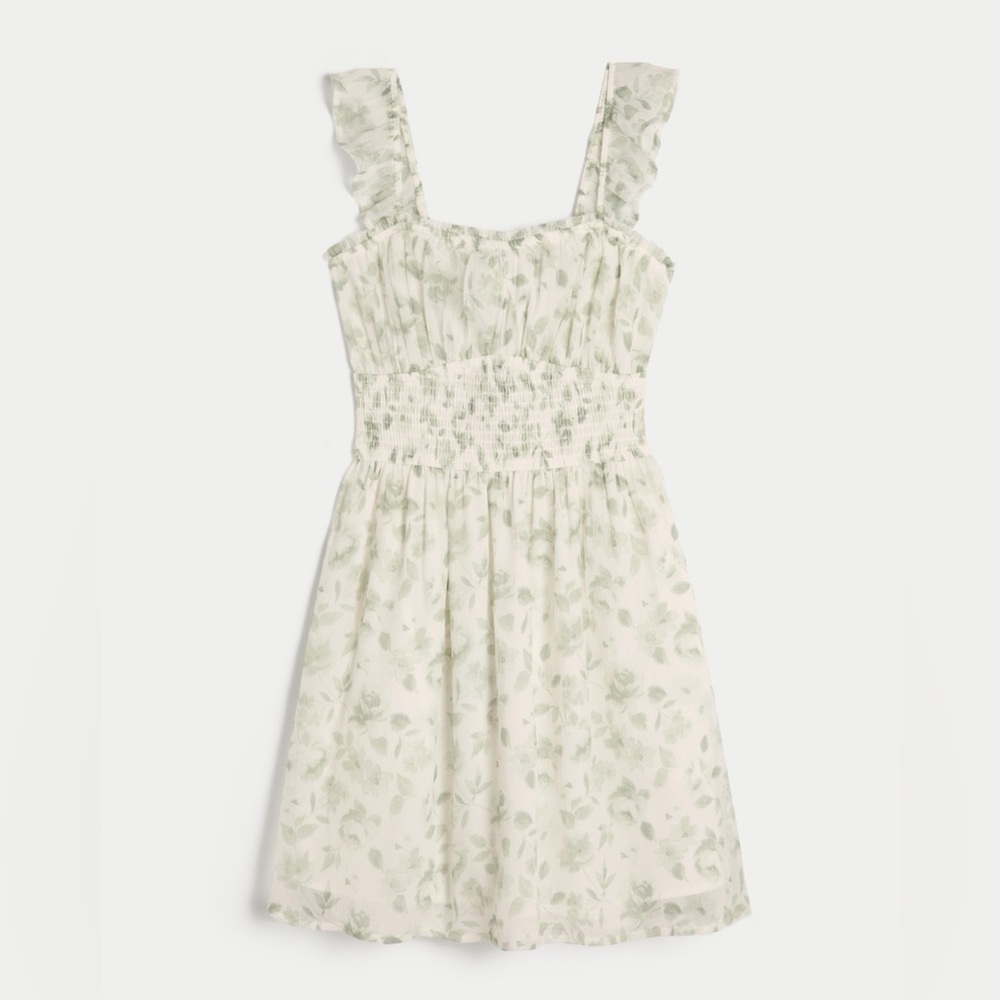 Hollister White Mini Dress with Light Green Floral Print